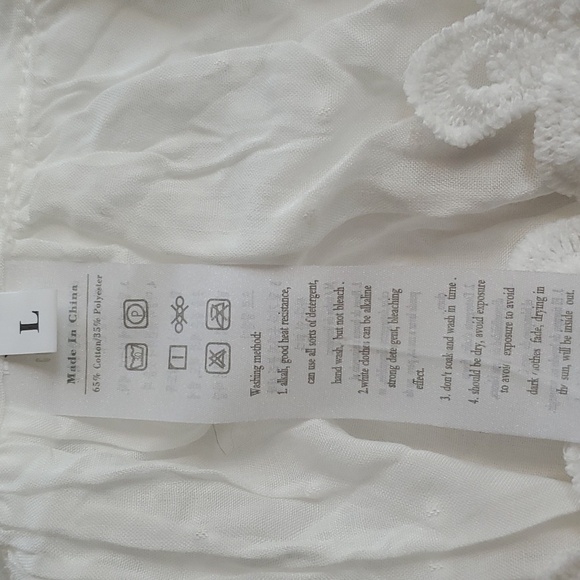 Womens White Swiss dot semi Sheer Crochet Detail Ruffle Off ShoulderTop Sz.Large - Picture 5 of 6